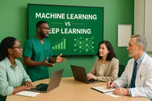 Four public-health professionals discuss a green presentation screen showing bar graphs, a neural-network diagram, and the title ‘Machine Learning vs Deep Learning’ in a modern classroom.